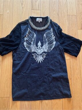 3.1 Phillip Lim Dark grey Tee with Silver and Pearl Beaded Neckline